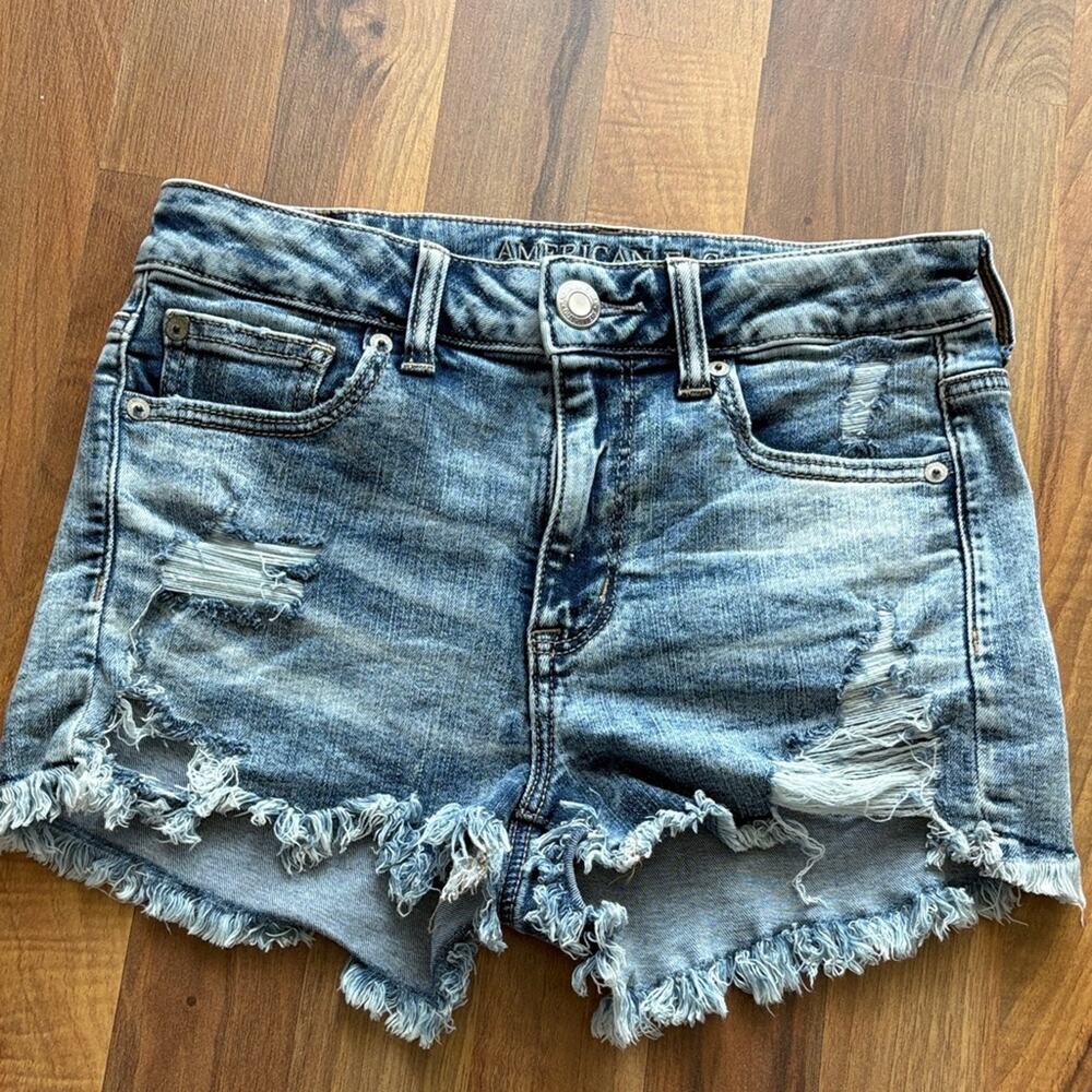 American Eagle Outfitters Woman’s Distressed Light Blue Frayed Denim Shorts